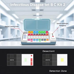 A detailed illustration of the Infectious Disease Test Kit BCID2, featuring distinct sections for Sample Loading Area, Reagents, and Detection Zone