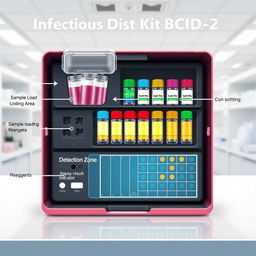 A detailed illustration of the Infectious Disease Test Kit BCID2, featuring distinct sections for Sample Loading Area, Reagents, and Detection Zone