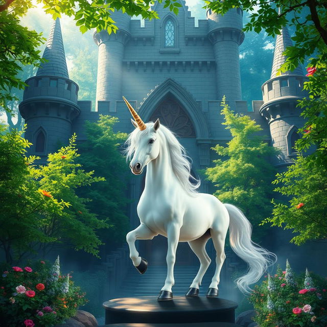 A majestic unicorn with a shimmering horn and a flowing mane stands gracefully within a grand castle