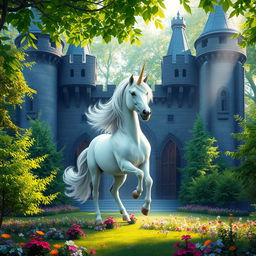 A majestic unicorn with a shimmering horn and a flowing mane stands gracefully within a grand castle