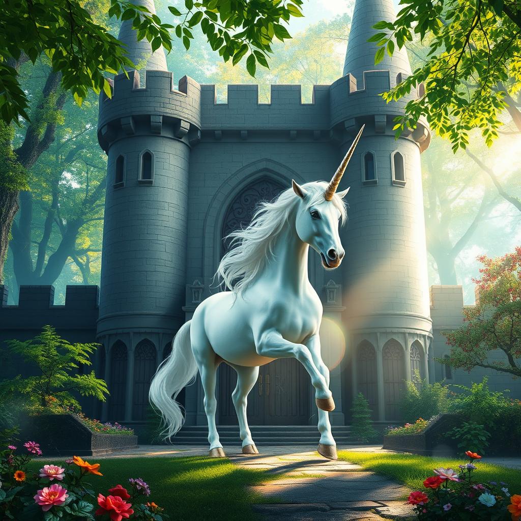 A majestic unicorn with a shimmering horn and a flowing mane stands gracefully within a grand castle