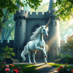 A majestic unicorn with a shimmering horn and a flowing mane stands gracefully within a grand castle