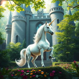 A majestic unicorn with a shimmering horn and a flowing mane stands gracefully within a grand castle
