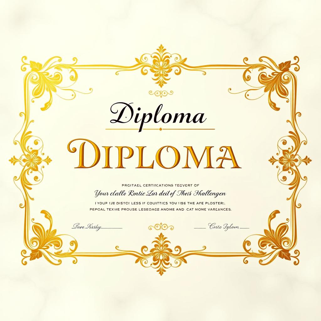 A beautifully designed diploma certificate, intricately decorated with golden patterns and embellishments