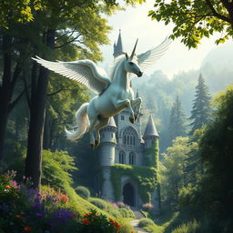 A majestic pegasus unicorn soaring gracefully above a magnificent castle nestled deep within a lush, vibrant forest
