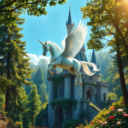 A majestic pegasus unicorn soaring gracefully above a magnificent castle nestled deep within a lush, vibrant forest