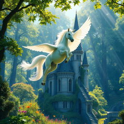 A majestic pegasus unicorn soaring gracefully above a magnificent castle nestled deep within a lush, vibrant forest