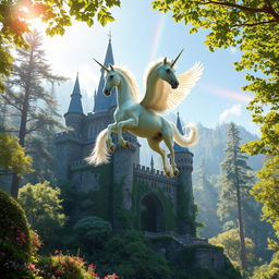 A majestic pegasus unicorn soaring gracefully above a magnificent castle nestled deep within a lush, vibrant forest
