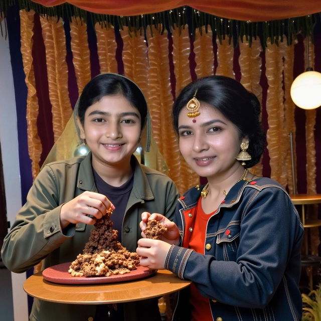 Two smiling women in traditional festive attire, both featuring vibrant yellow and red colors