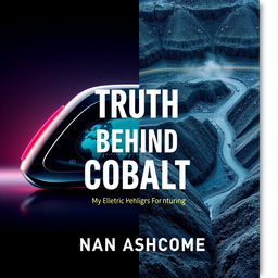 A visually striking book cover design titled 'Truth Behind Cobalt' by Ronan Ashcombe, featuring a split background: on one side, a shiny modern gadget symbolizing electric vehicles and clean energy; on the other side, a polluted mine showcasing the darker aspects of cobalt mining