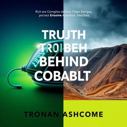 A visually striking book cover design titled 'Truth Behind Cobalt' by Ronan Ashcombe, featuring a split background: on one side, a shiny modern gadget symbolizing electric vehicles and clean energy; on the other side, a polluted mine showcasing the darker aspects of cobalt mining