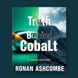 A visually striking book cover design titled 'Truth Behind Cobalt' by Ronan Ashcombe, featuring a split background: on one side, a shiny modern gadget symbolizing electric vehicles and clean energy; on the other side, a polluted mine showcasing the darker aspects of cobalt mining