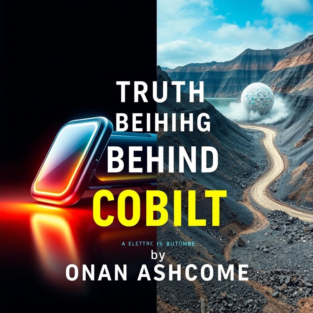 A visually striking book cover design titled 'Truth Behind Cobalt' by Ronan Ashcombe, featuring a split background: on one side, a shiny modern gadget symbolizing electric vehicles and clean energy; on the other side, a polluted mine showcasing the darker aspects of cobalt mining