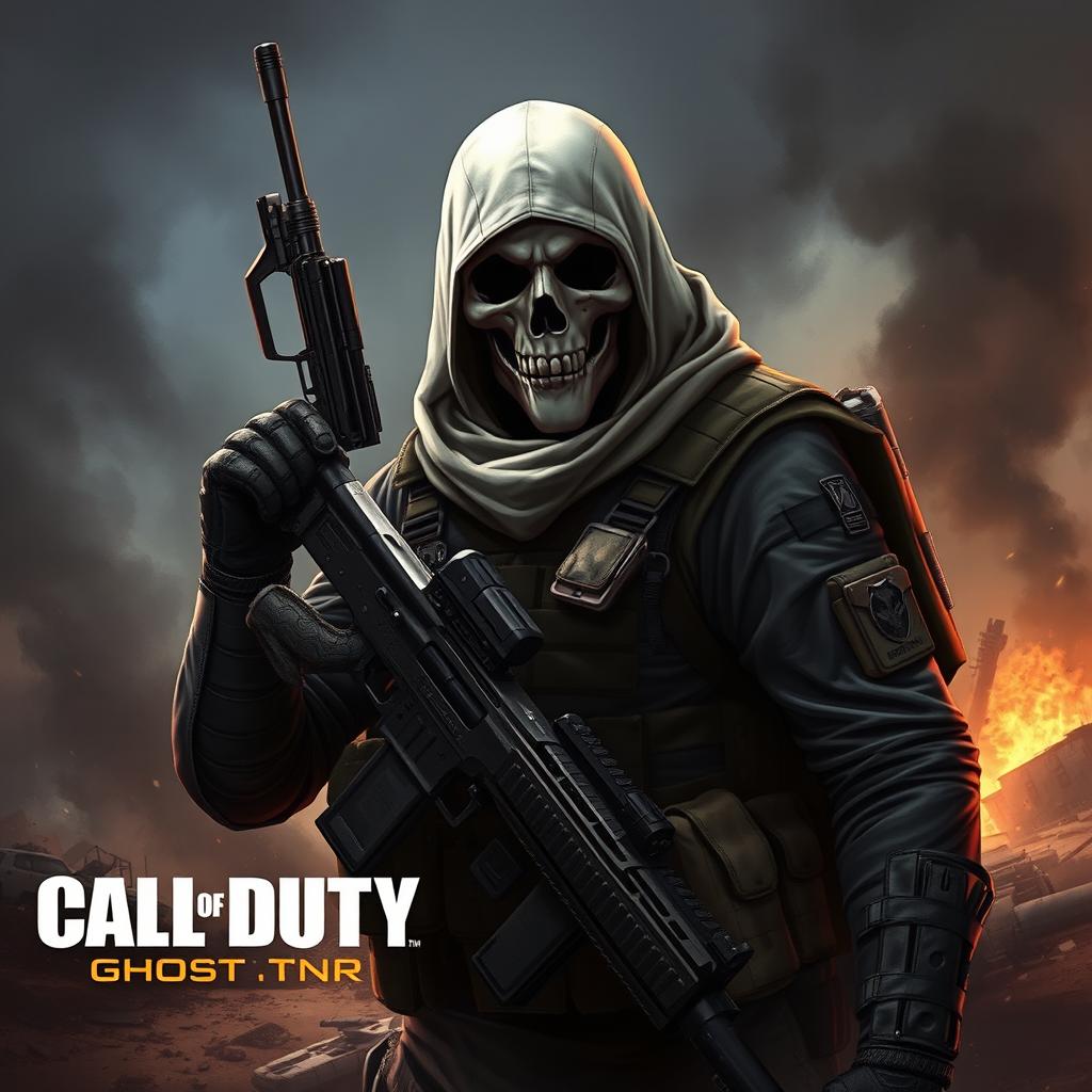 A stunning and detailed illustration of Ghost from Call of Duty, wearing his signature skull mask while holding a weapon, set in a dramatic battlefield scene