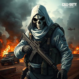 A stunning and detailed illustration of Ghost from Call of Duty, wearing his signature skull mask while holding a weapon, set in a dramatic battlefield scene