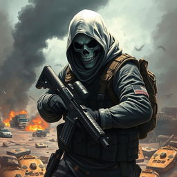 A stunning and detailed illustration of Ghost from Call of Duty, wearing his signature skull mask while holding a weapon, set in a dramatic battlefield scene