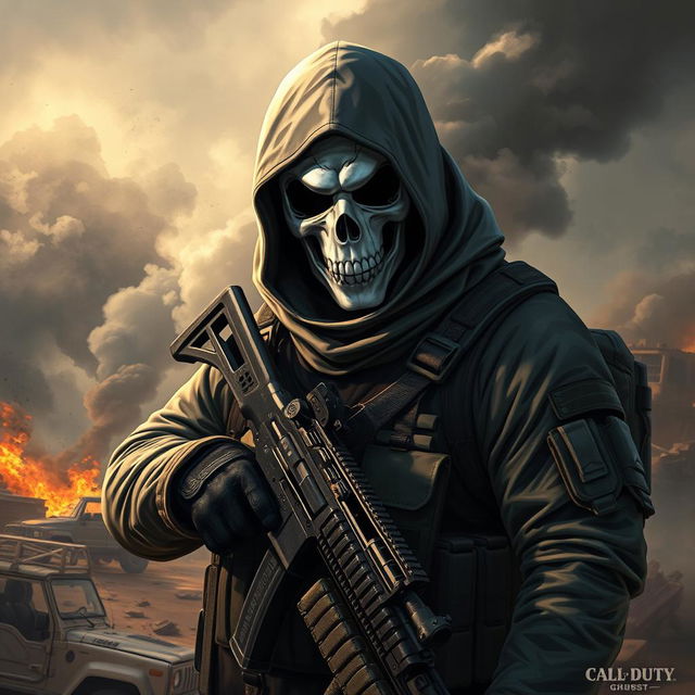 A stunning and detailed illustration of Ghost from Call of Duty, wearing his signature skull mask while holding a weapon, set in a dramatic battlefield scene