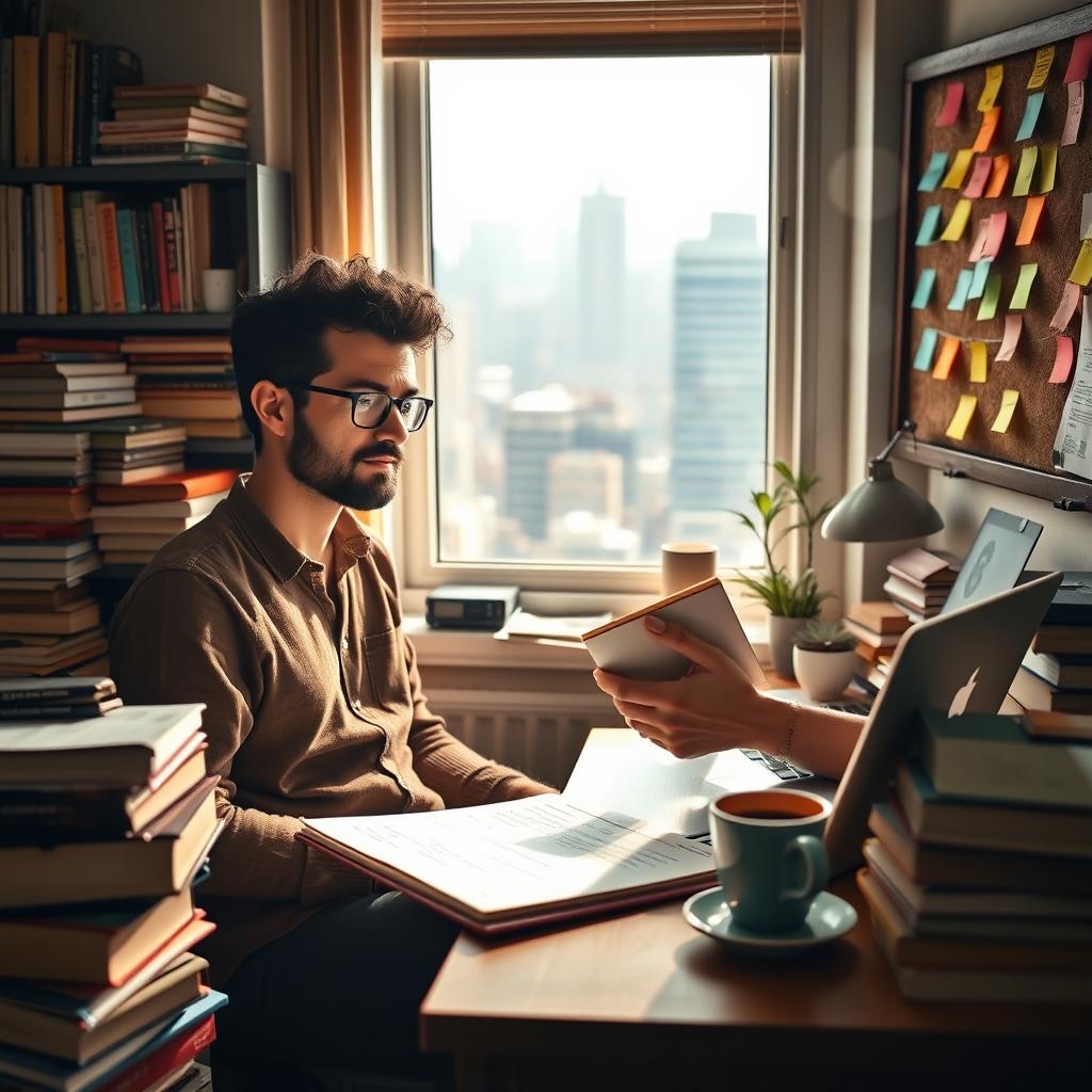 A busy and creative screenwriter working in a cozy writing space, surrounded by stacks of books, a laptop open with a script on it, colorful sticky notes fluttering on a corkboard, and a cup of coffee steaming on the desk