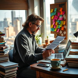 A busy and creative screenwriter working in a cozy writing space, surrounded by stacks of books, a laptop open with a script on it, colorful sticky notes fluttering on a corkboard, and a cup of coffee steaming on the desk