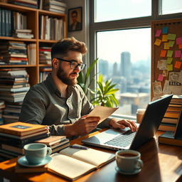 A busy and creative screenwriter working in a cozy writing space, surrounded by stacks of books, a laptop open with a script on it, colorful sticky notes fluttering on a corkboard, and a cup of coffee steaming on the desk