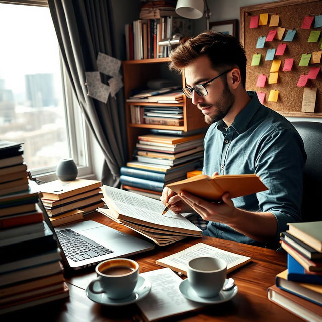 A busy and creative screenwriter working in a cozy writing space, surrounded by stacks of books, a laptop open with a script on it, colorful sticky notes fluttering on a corkboard, and a cup of coffee steaming on the desk