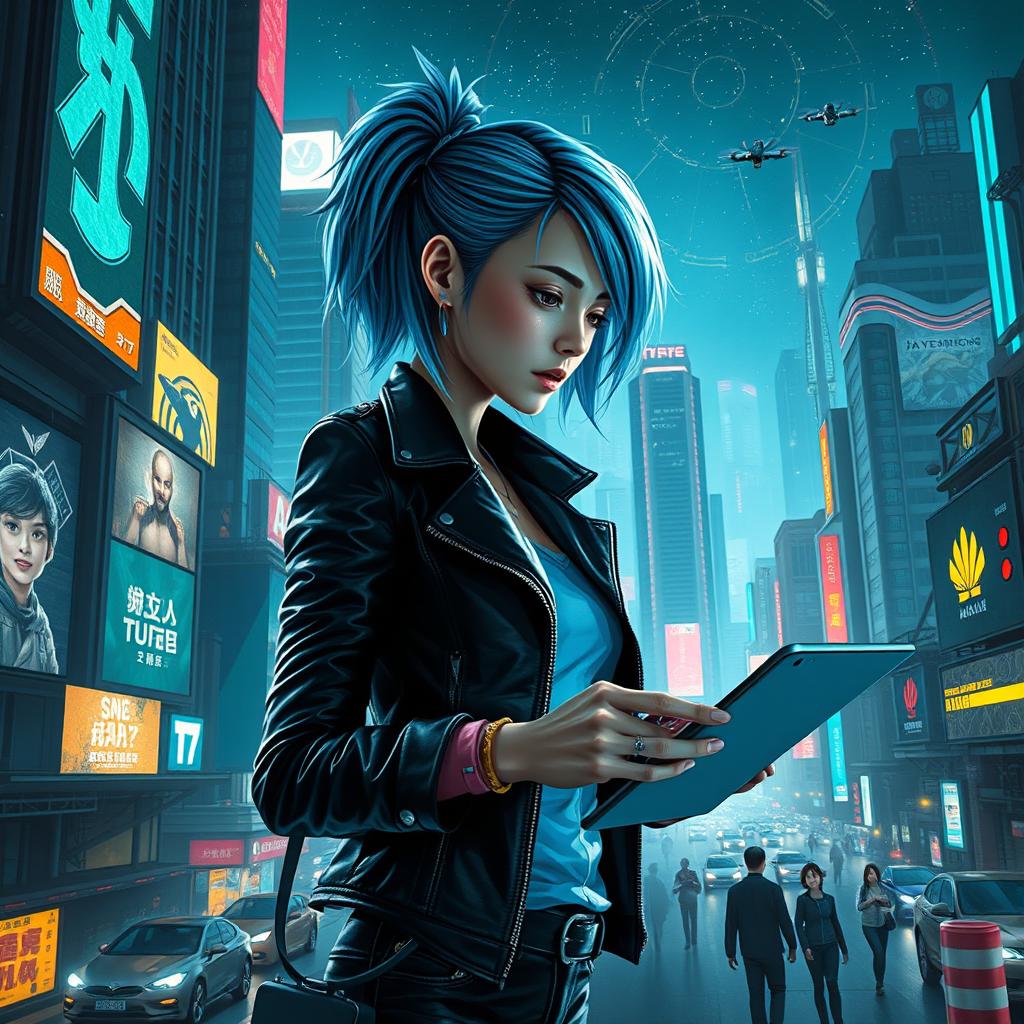 A captivating screenplay that unfolds in a bustling futuristic cityscape, featuring a young female protagonist named Ava, a skilled hacker with striking neon blue hair and cybernetic implants, who navigates through various high-tech environments