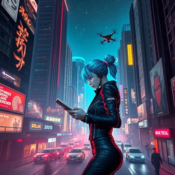 A captivating screenplay that unfolds in a bustling futuristic cityscape, featuring a young female protagonist named Ava, a skilled hacker with striking neon blue hair and cybernetic implants, who navigates through various high-tech environments