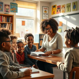 A cozy classroom scene where a friendly teacher, an African-American woman with glasses and curly hair, is handing out a writing assignment to her diverse group of students