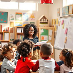 A cozy classroom scene where a friendly teacher, an African-American woman with glasses and curly hair, is handing out a writing assignment to her diverse group of students