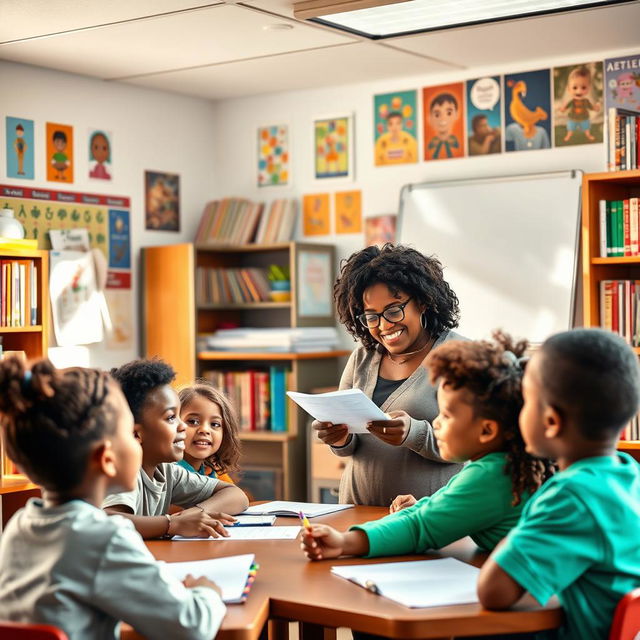 A cozy classroom scene where a friendly teacher, an African-American woman with glasses and curly hair, is handing out a writing assignment to her diverse group of students