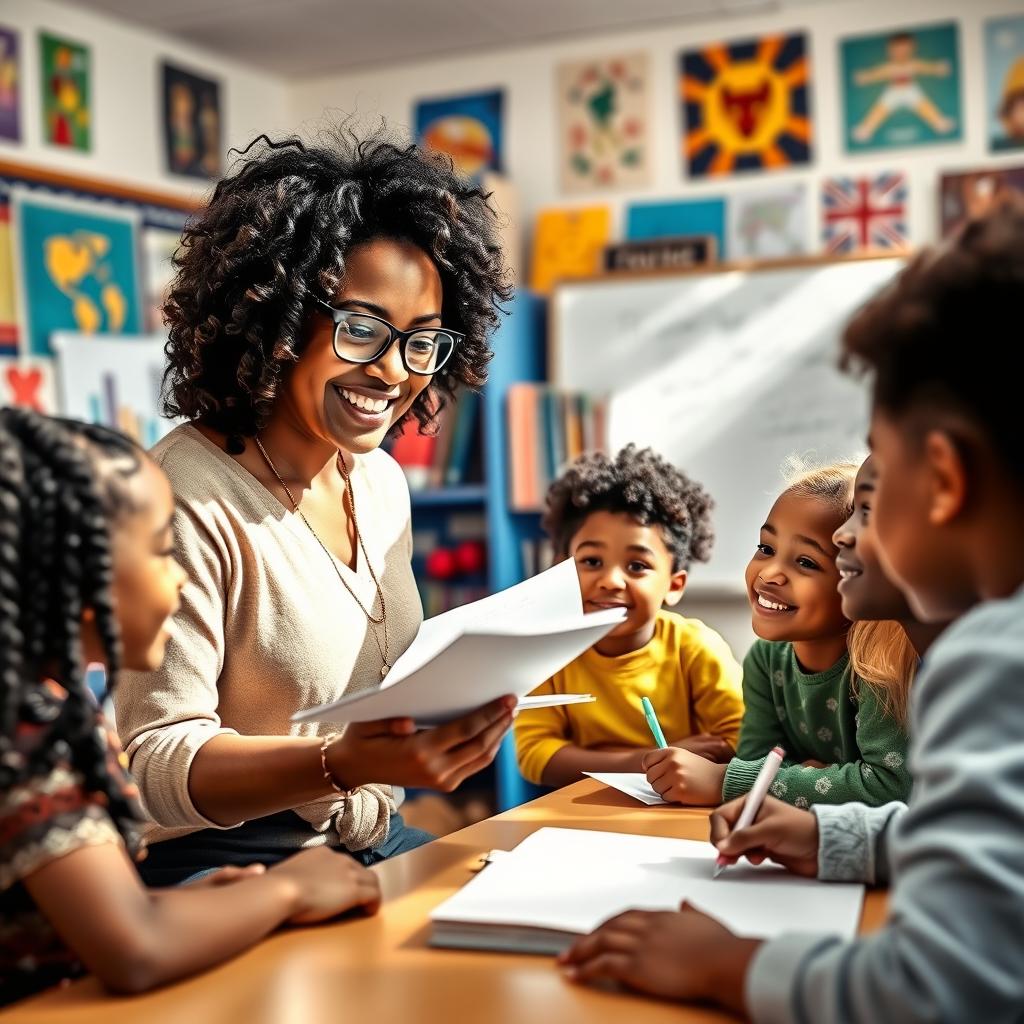 A cozy classroom scene where a friendly teacher, an African-American woman with glasses and curly hair, is handing out a writing assignment to her diverse group of students