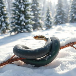 A beautiful tree snake coiled around a bare branch, set against a serene winter atmosphere