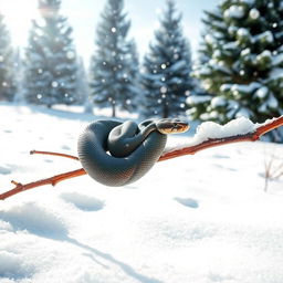 A beautiful tree snake coiled around a bare branch, set against a serene winter atmosphere