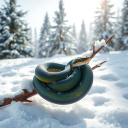 A beautiful tree snake coiled around a bare branch, set against a serene winter atmosphere