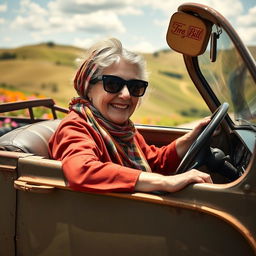 An elderly woman, full of character and charm, confidently driving an old-fashioned, quirky car reminiscent of a classic 'shouty' vehicle