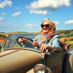 An elderly woman, full of character and charm, confidently driving an old-fashioned, quirky car reminiscent of a classic 'shouty' vehicle