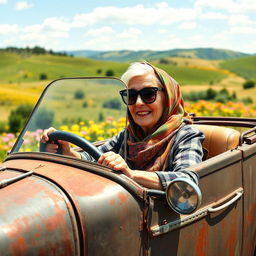 An elderly woman, full of character and charm, confidently driving an old-fashioned, quirky car reminiscent of a classic 'shouty' vehicle