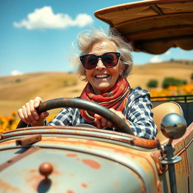 An elderly woman, full of character and charm, confidently driving an old-fashioned, quirky car reminiscent of a classic 'shouty' vehicle