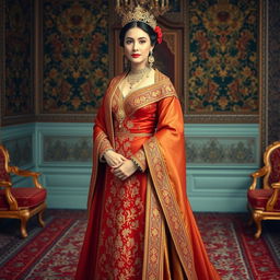 A royal portrait of a woman from the Qajar era, inspired by the wives of Nasser al-Din Shah