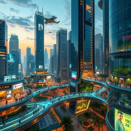 A futuristic cityscape with sleek, towering skyscrapers made of glass and steel, interconnected by transparent walkways filled with people, flying cars zipping through the sky, and vibrant neon lights illuminating the streets