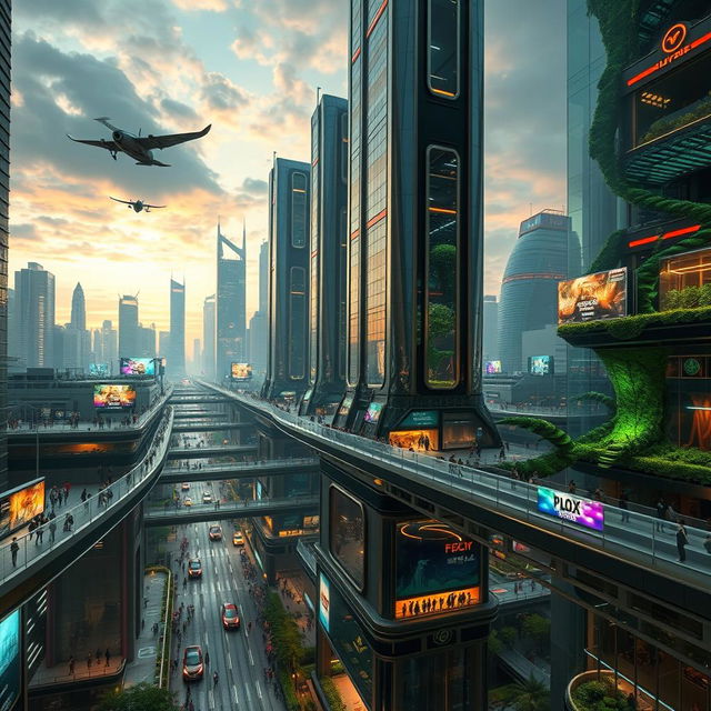 A futuristic cityscape with sleek, towering skyscrapers made of glass and steel, interconnected by transparent walkways filled with people, flying cars zipping through the sky, and vibrant neon lights illuminating the streets