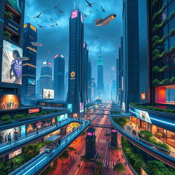 A futuristic cityscape with sleek, towering skyscrapers made of glass and steel, interconnected by transparent walkways filled with people, flying cars zipping through the sky, and vibrant neon lights illuminating the streets