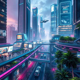 A futuristic cityscape with sleek, towering skyscrapers made of glass and steel, interconnected by transparent walkways filled with people, flying cars zipping through the sky, and vibrant neon lights illuminating the streets