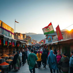 A vibrant Kurdish city with traditional Kurdish architecture, featuring colorful bazaars filled with spices and textiles, mountains in the background, and people in traditional Kurdish attire