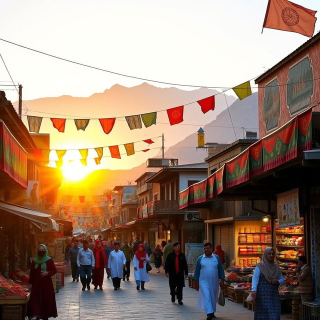 A vibrant Kurdish city with traditional Kurdish architecture, featuring colorful bazaars filled with spices and textiles, mountains in the background, and people in traditional Kurdish attire