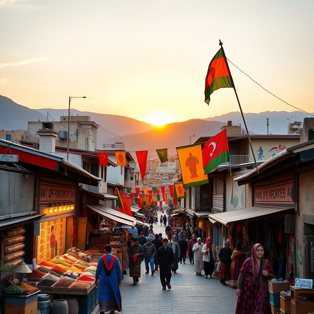 A vibrant Kurdish city with traditional Kurdish architecture, featuring colorful bazaars filled with spices and textiles, mountains in the background, and people in traditional Kurdish attire