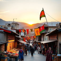 A vibrant Kurdish city with traditional Kurdish architecture, featuring colorful bazaars filled with spices and textiles, mountains in the background, and people in traditional Kurdish attire