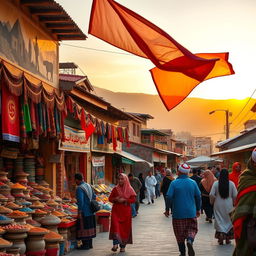 A vibrant Kurdish city with traditional Kurdish architecture, featuring colorful bazaars filled with spices and textiles, mountains in the background, and people in traditional Kurdish attire
