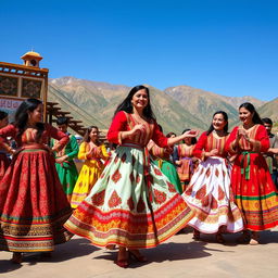 A lively scene depicting traditional Kurdish culture in Iran, showcasing a group of Kurdish people wearing beautiful, colorful Kurdish dresses with intricate patterns