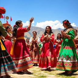 A lively scene depicting traditional Kurdish culture in Iran, showcasing a group of Kurdish people wearing beautiful, colorful Kurdish dresses with intricate patterns